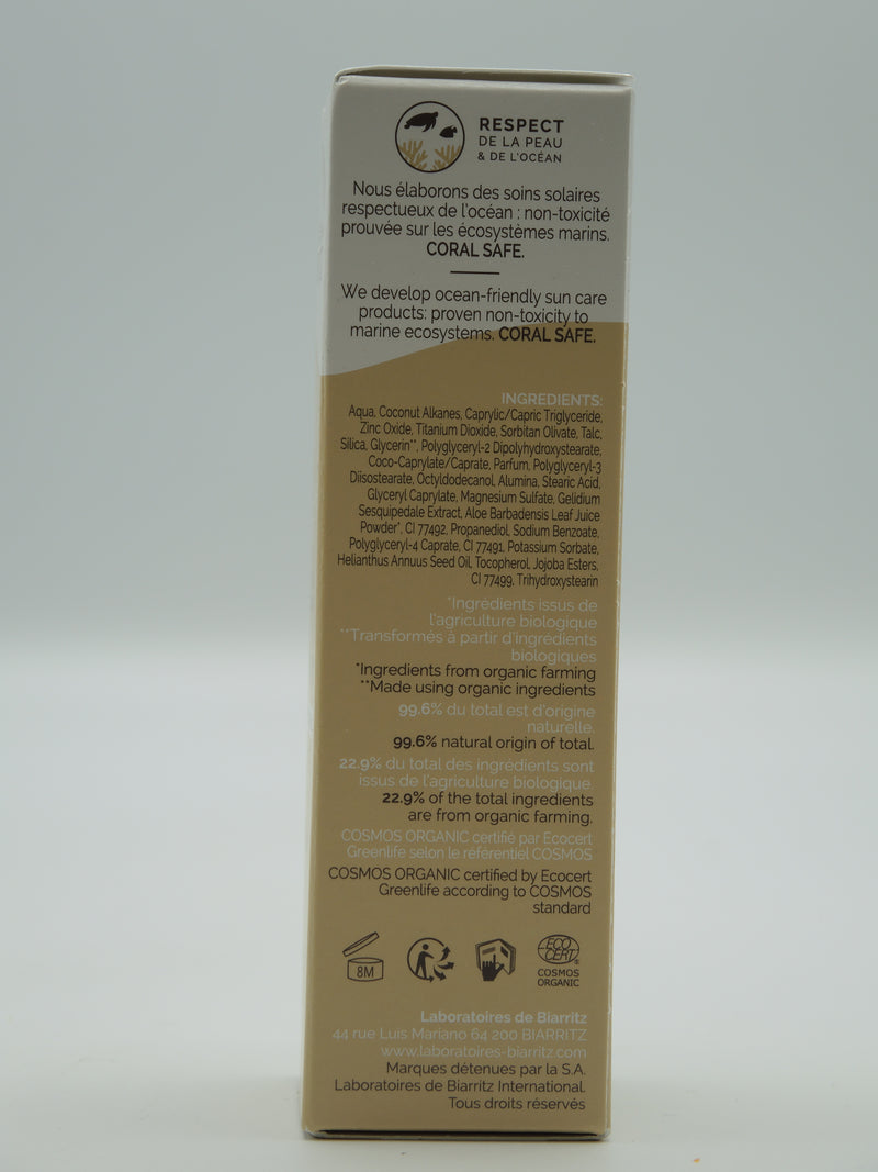 CRÈME SOLAIRE VISAGE TEINTÉE SPF30 CERTIFIÉE BIO, Teinte ivoire, 50ml, Laboratoires de Biarritz