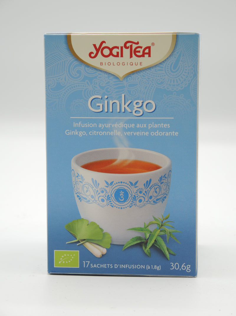 Infusion ayurvédique, Ginkgo, citronnelle, verveine, Yogi Tea, infusettes