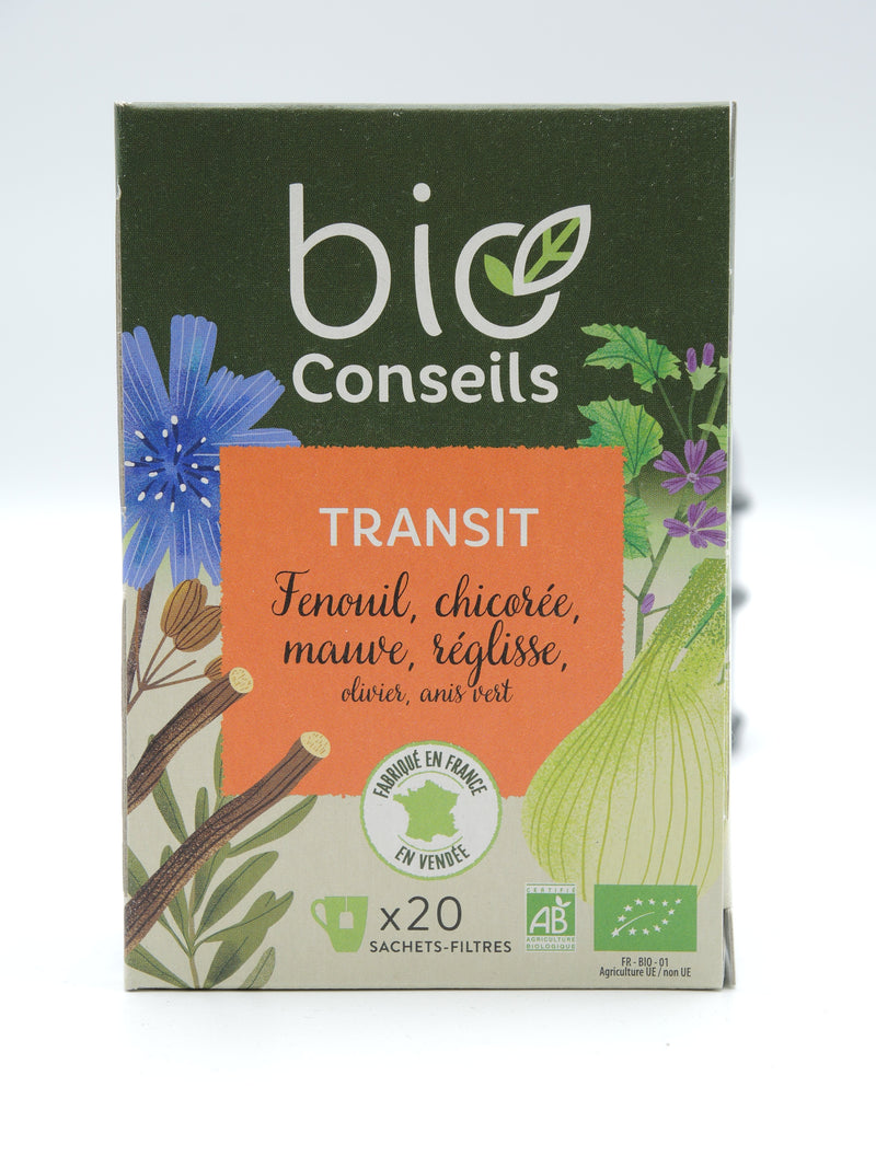 Infusion Transit Fenouil, chicorée, mauve, réglisse, olivier, anis vert , Bio Conseils