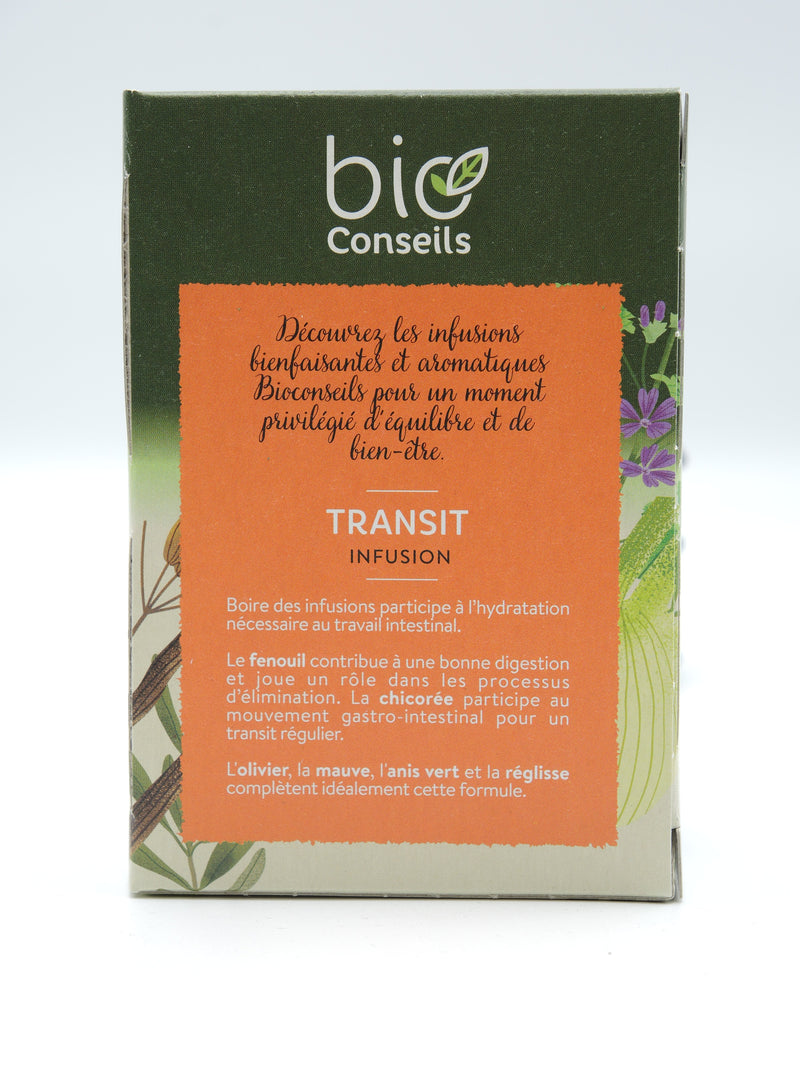 Infusion Transit Fenouil, chicorée, mauve, réglisse, olivier, anis vert , Bio Conseils