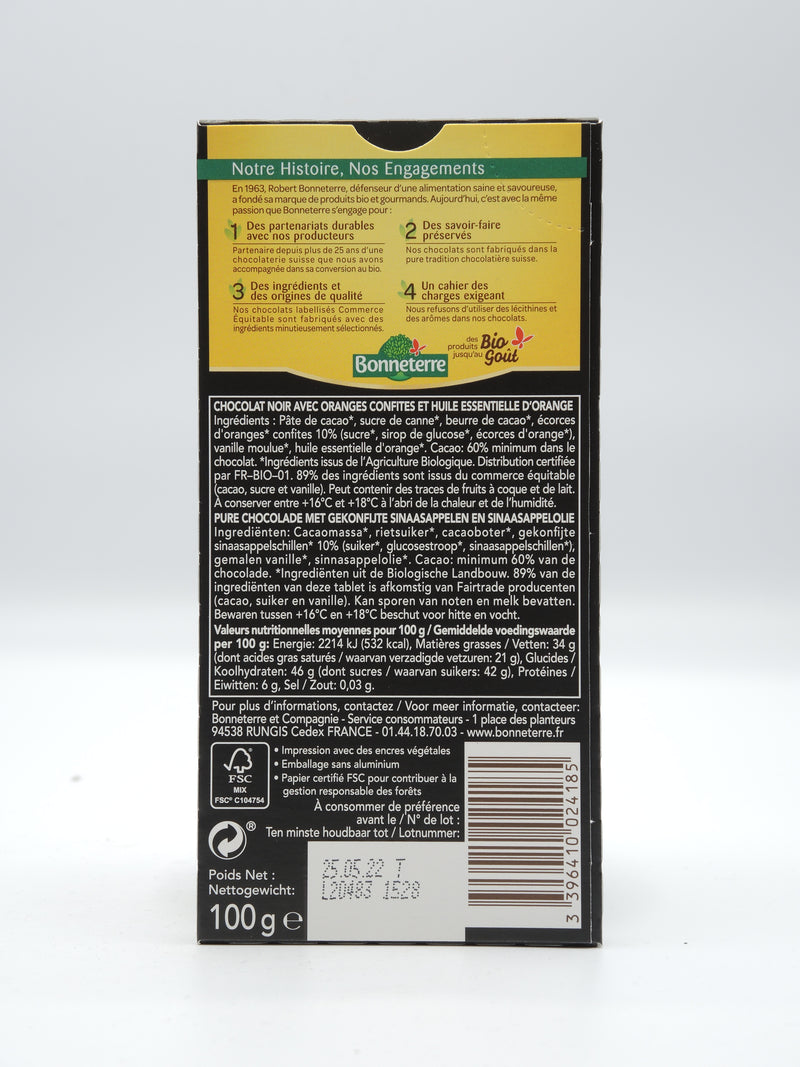 Chocolat NOIR ORANGES CONFITES 100g, Bonneterre