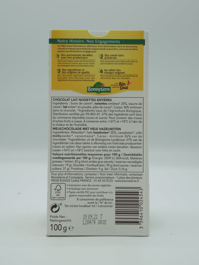 Chocolat au LAIT NOISETTES ENTIÈRES 100g, Bonneterre