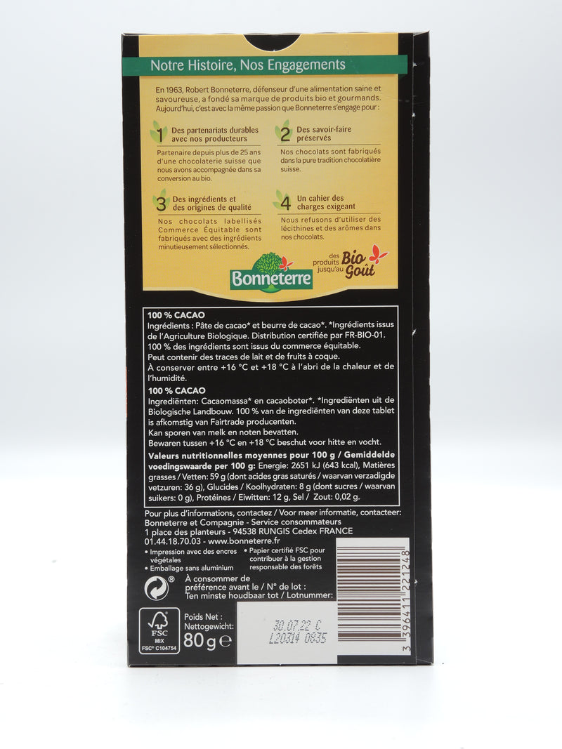 Chocolat DÉGUSTATION NOIR 100% CACAO 80g, Bonneterre