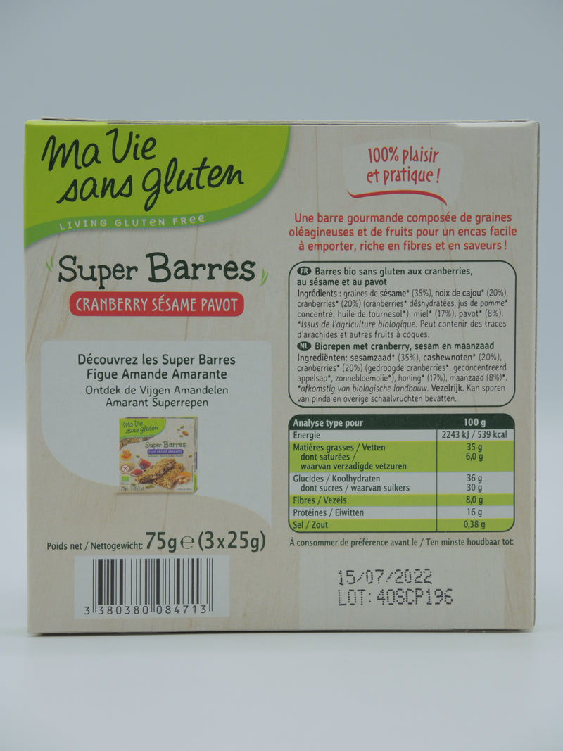 Super barres, Cranberry, sésame & pavot, 3x25g, Ma vie sans gluten