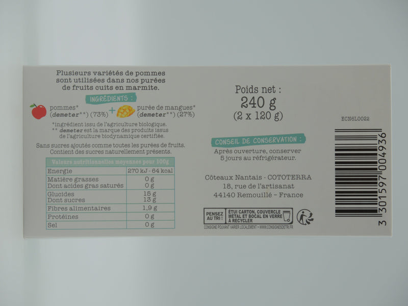 PURÉE DE POMMES MANGUES BIO DEMETER, 240g, les Côteaux nantais