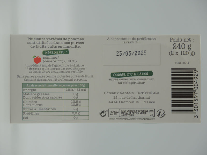 PURÉE DE POMMES BIO DEMETER, 240g, Côteaux nantais