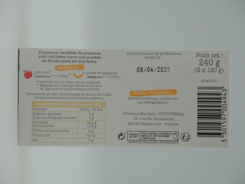 PURÉE DE POMMES BANANES BIO DEMETER, 240g, Côteaux nantais