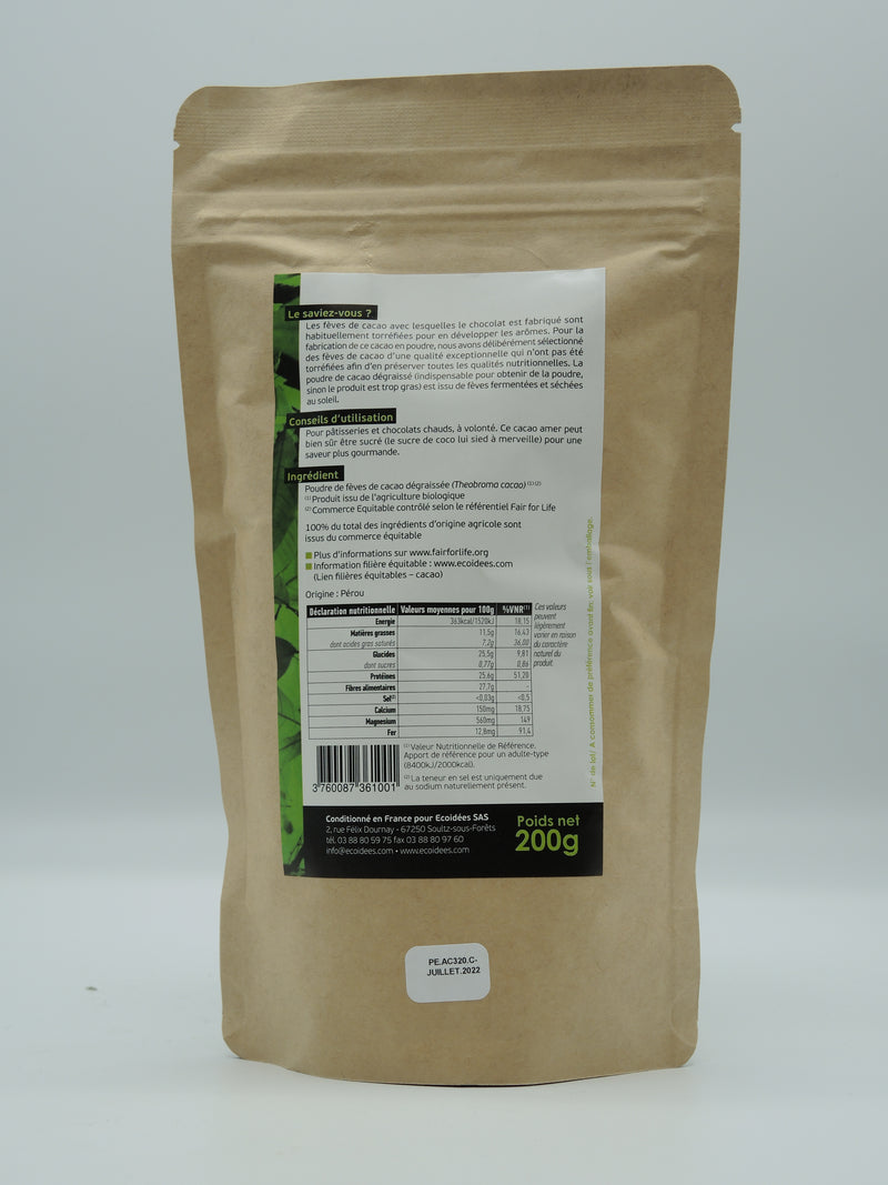 Poudre de cacao cru, 200g, Ethnoscience, Ecoidées