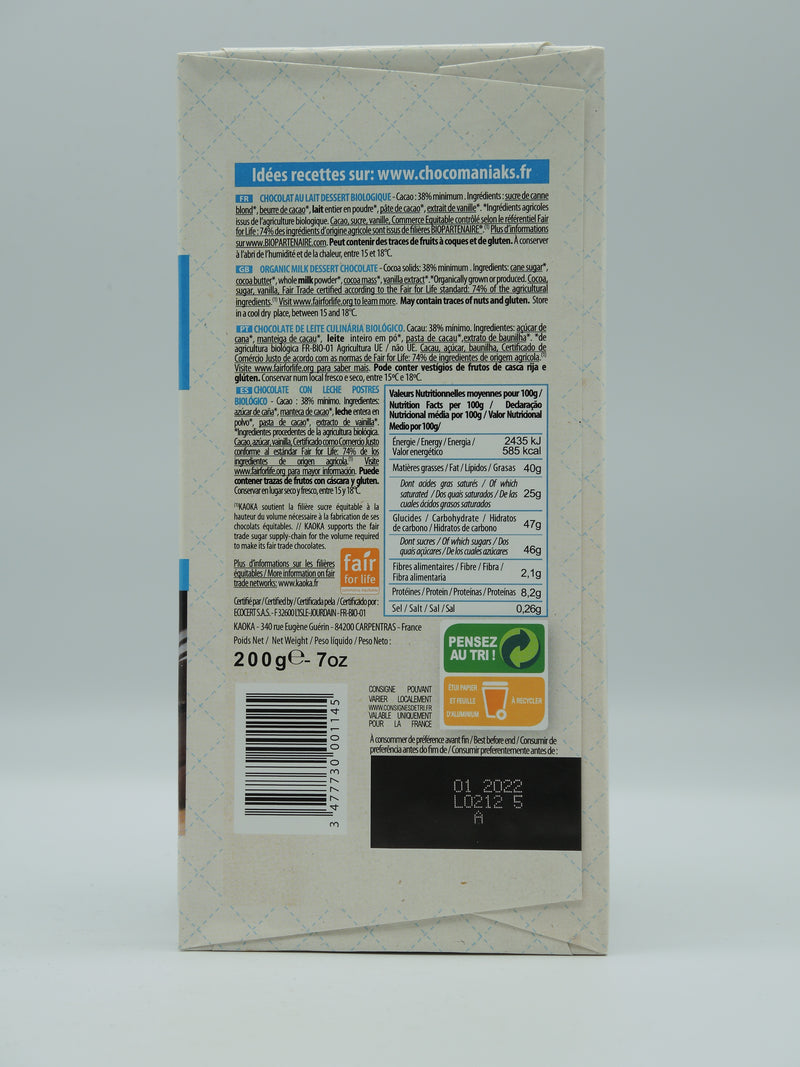 Chocolat au lait dessert 38% cacao, 200g, Kaoka