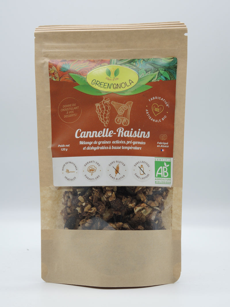 Cannelle & Raisin, mélange de graines activées, pré-germées et déshydratées, 120g, Plein d'vie