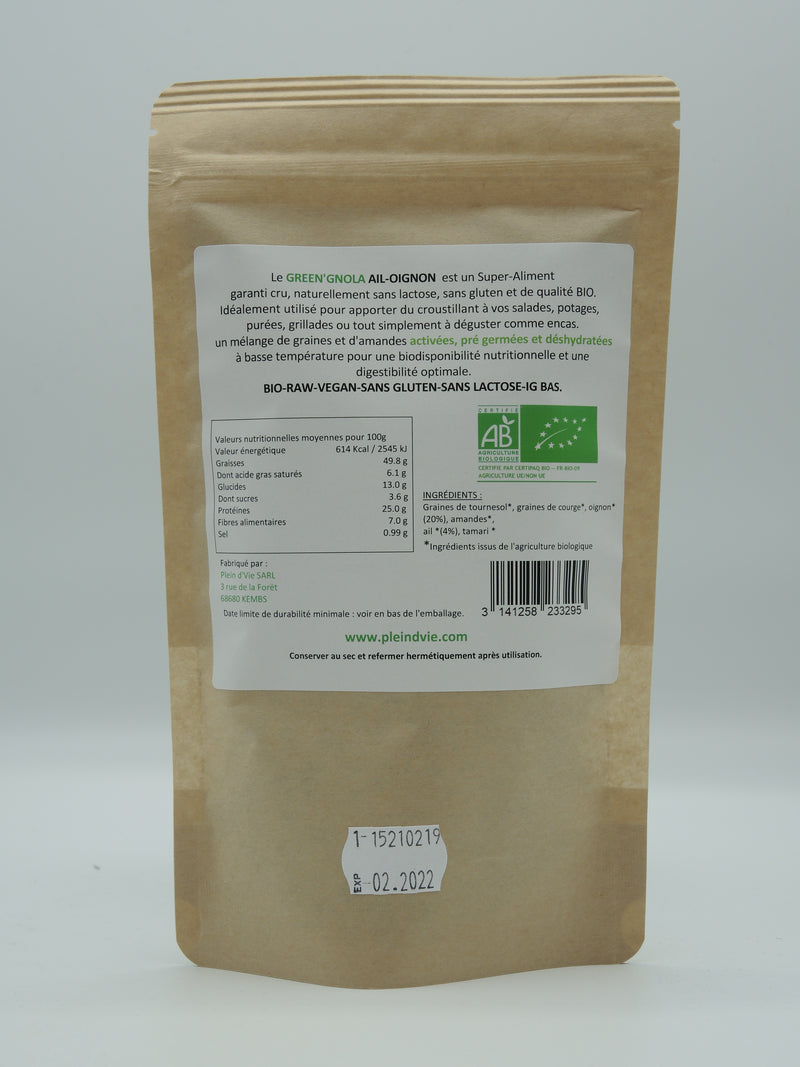 Ail-Oignon, mélange de graines activées, pré-germées et déshydratées, 120g, Plein d'vie