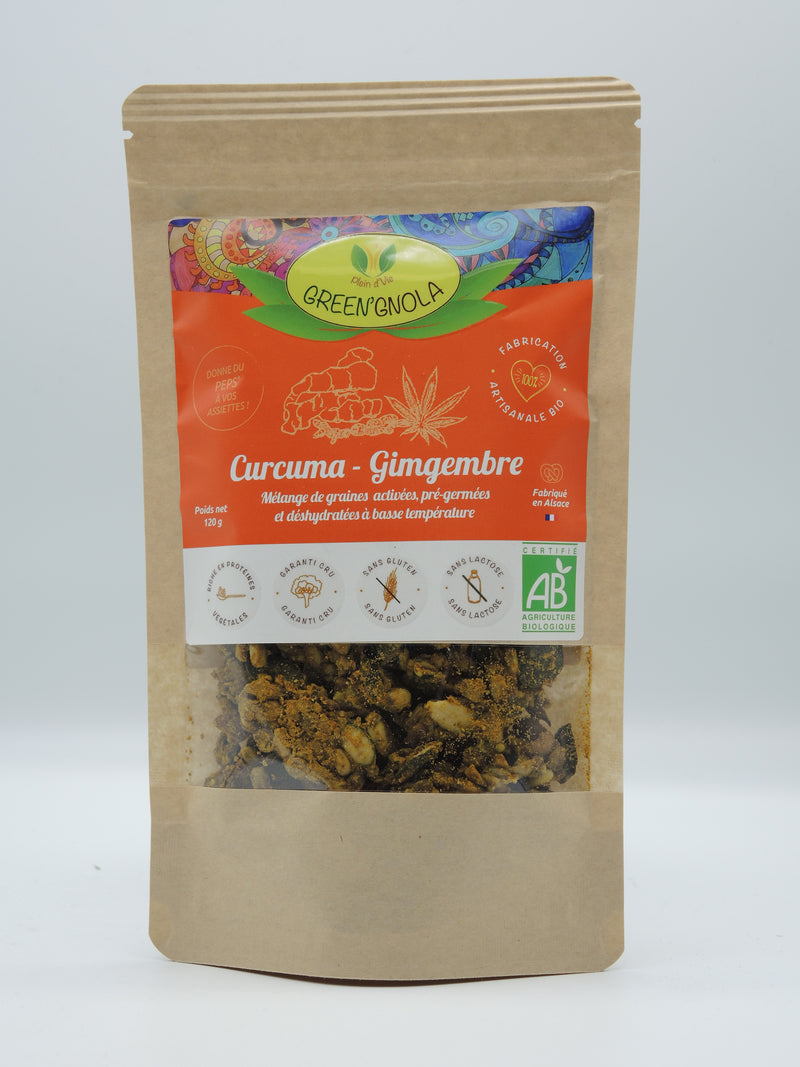 Curcuma-Gingembre, mélange de graines activées, pré-germées et déshydratées, 120h, Plein d'vie