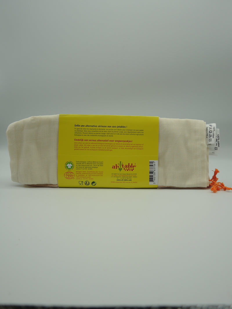 5 Sacs réutilisables en coton bio, taille L, Ah table !