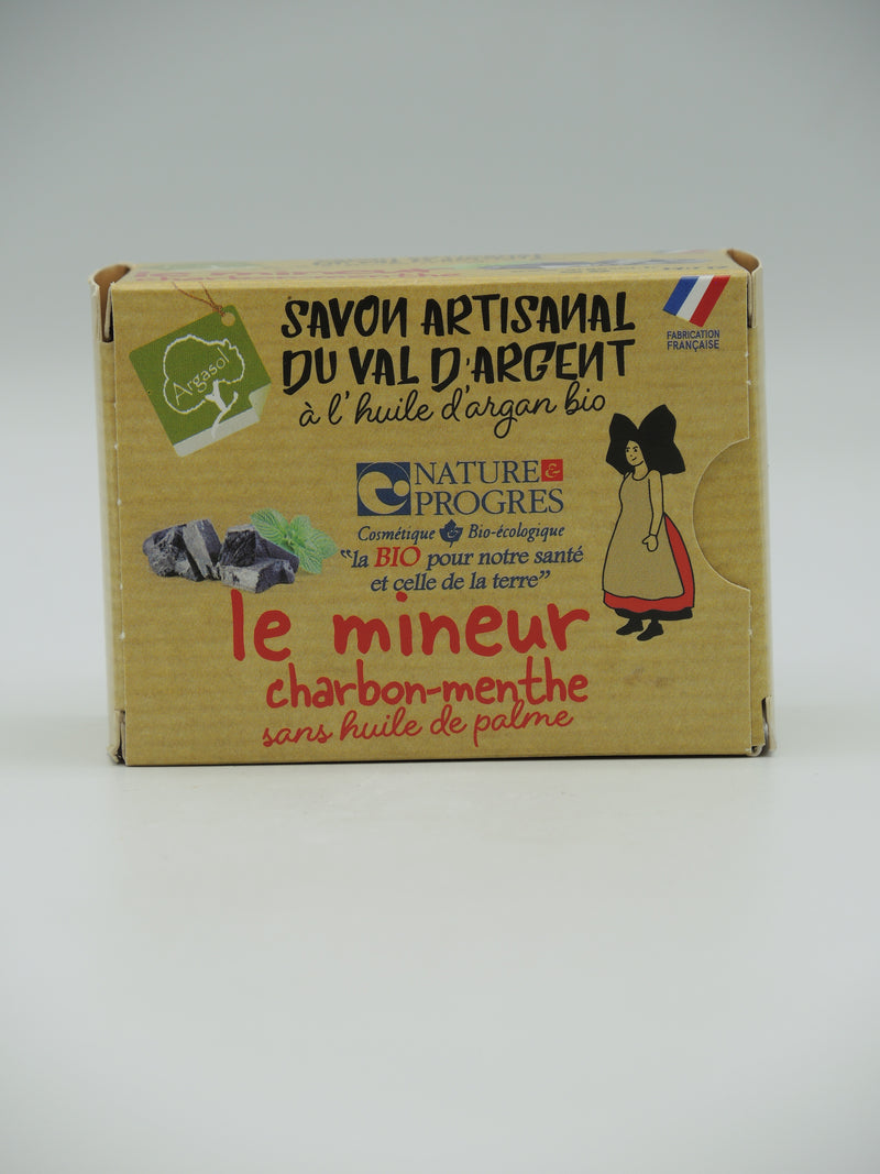 Savon artisanal, Le Mineur, Charbon-menthe, 140g, Argasol