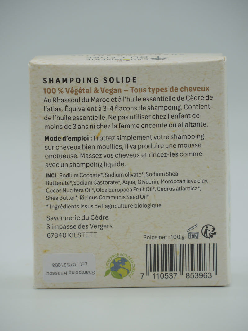Shampoing solide au Rhassoul du Maroc, 100g, Savonnerie du Cèdre