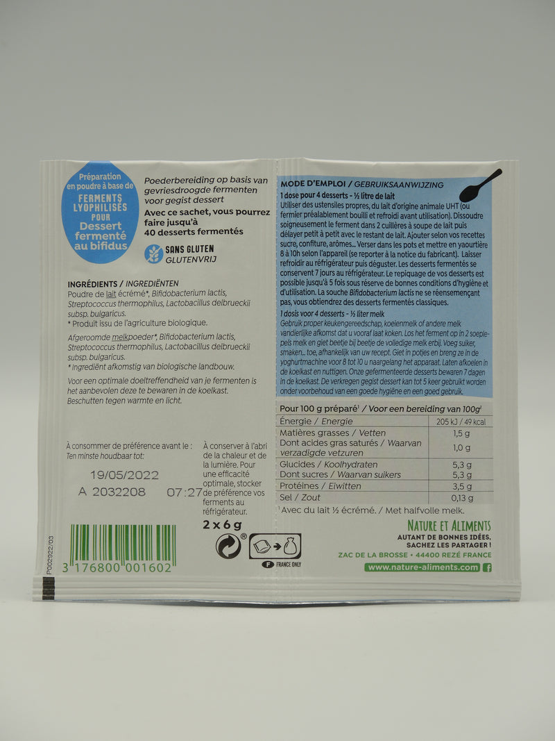 Ferments lyophilisés pour dessert fermenté au bifidus, 2x6g, Natali