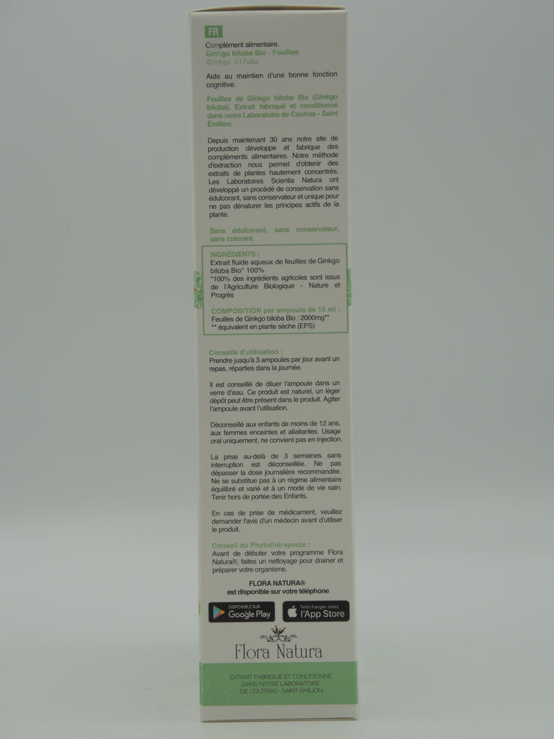 Ginkgo biloba, mémoire, 20 ampoules, Flora Natura