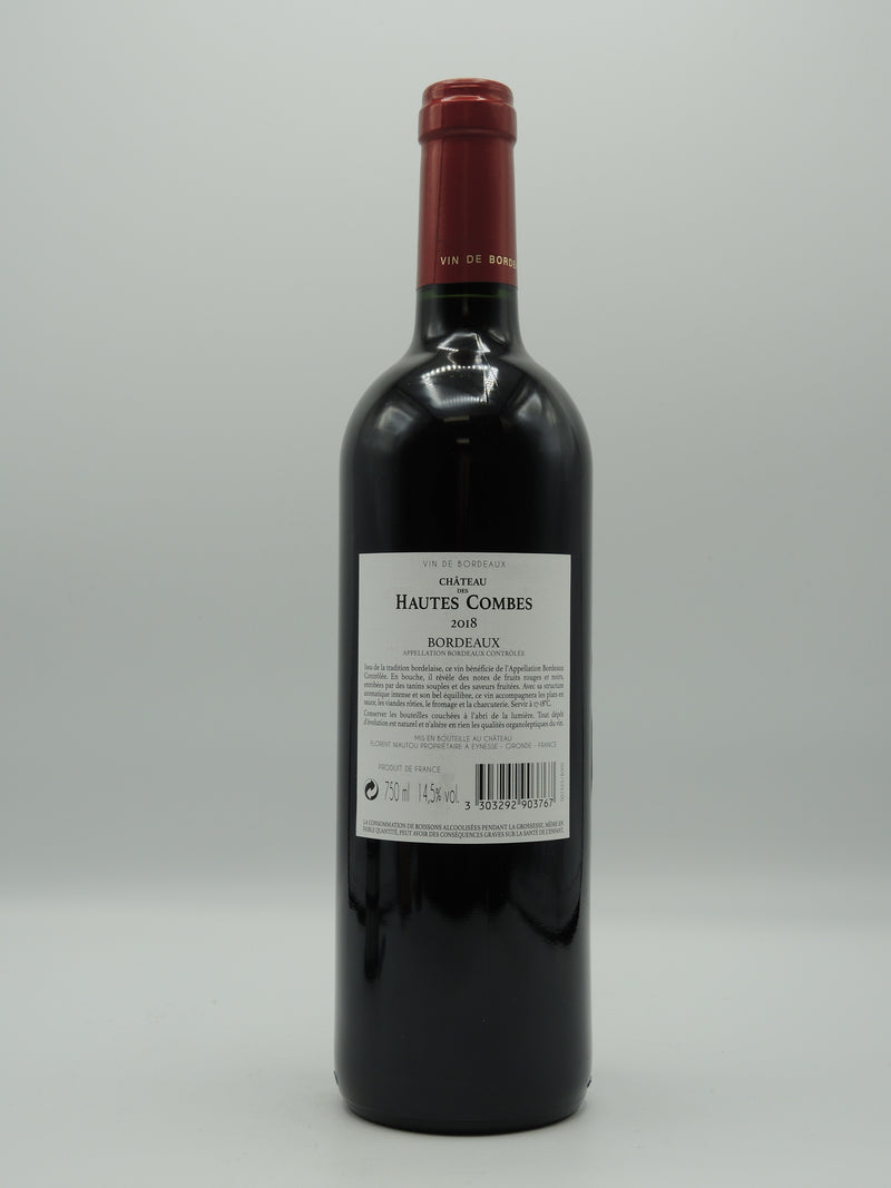 Vin Rouge Bio AOC Bordeaux 2019, Sans Sulfites Ajoutés, Château des Hautes Combes