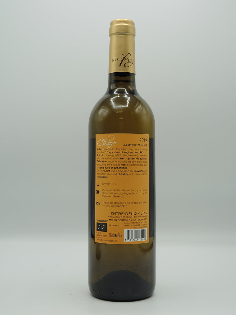 Vin Blanc Bio AOC Entre-Deux-Mers 2019, Sans Sulfites Ajoutés, Cuvée Chapô, Domaine Patrick Boudon