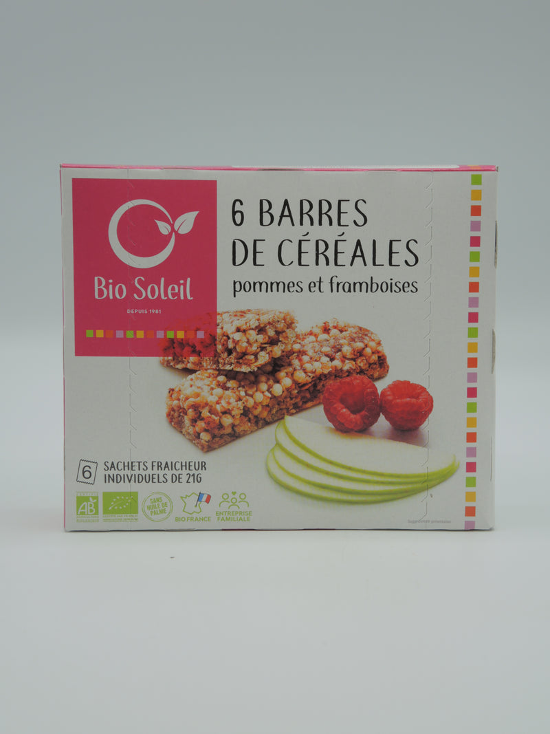 6 Barres de céréales,  pommes & framboises, Biosoleil
