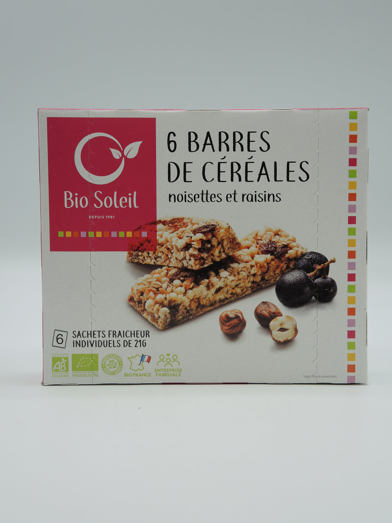 6 Barres de céréales, noisettes & raisins, Biosoleil