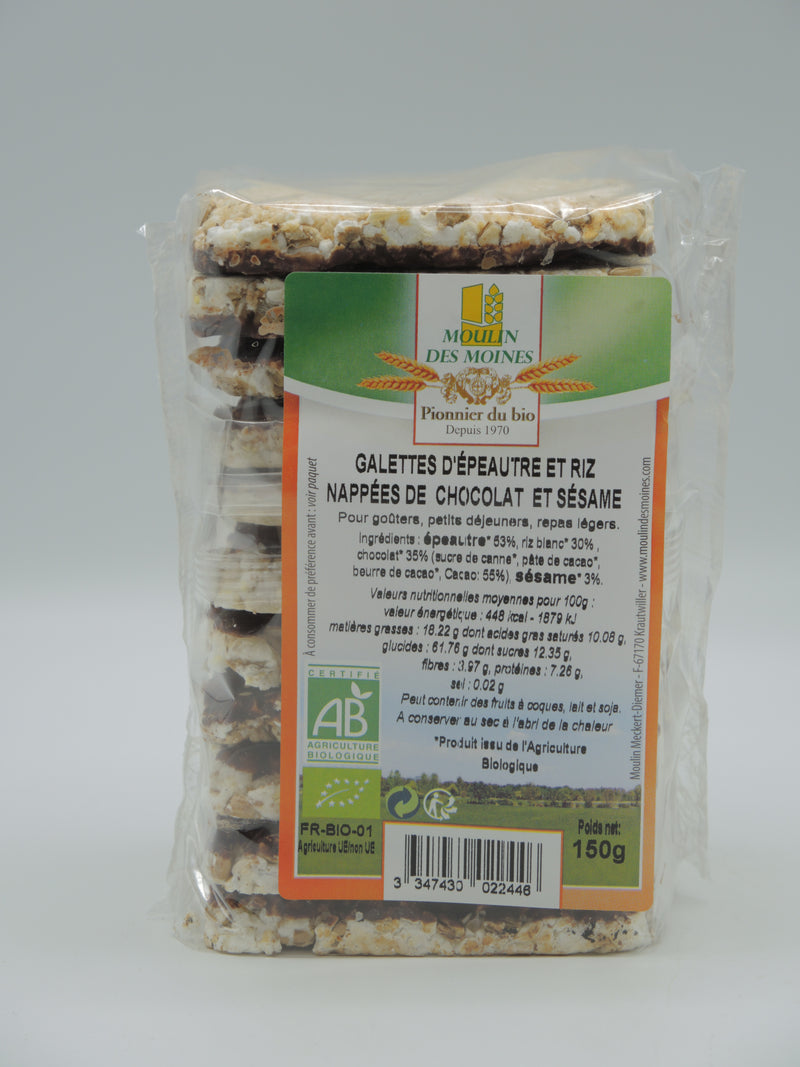 Galettes d'épeautre et riz nappées de chocolat et sésame, 150g, Moulin des Moines