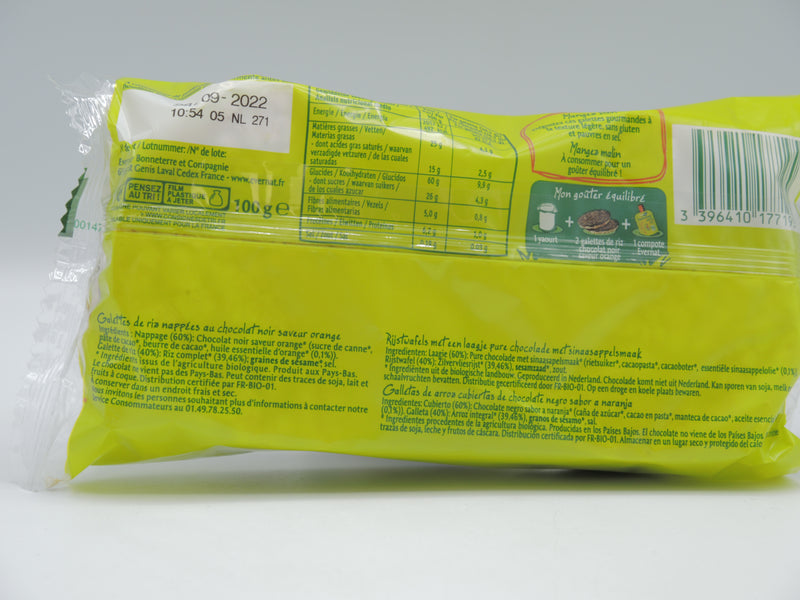GALETTES DE RIZ NAPPÉES CHOCOLAT ORANGE, 100g, Evernat