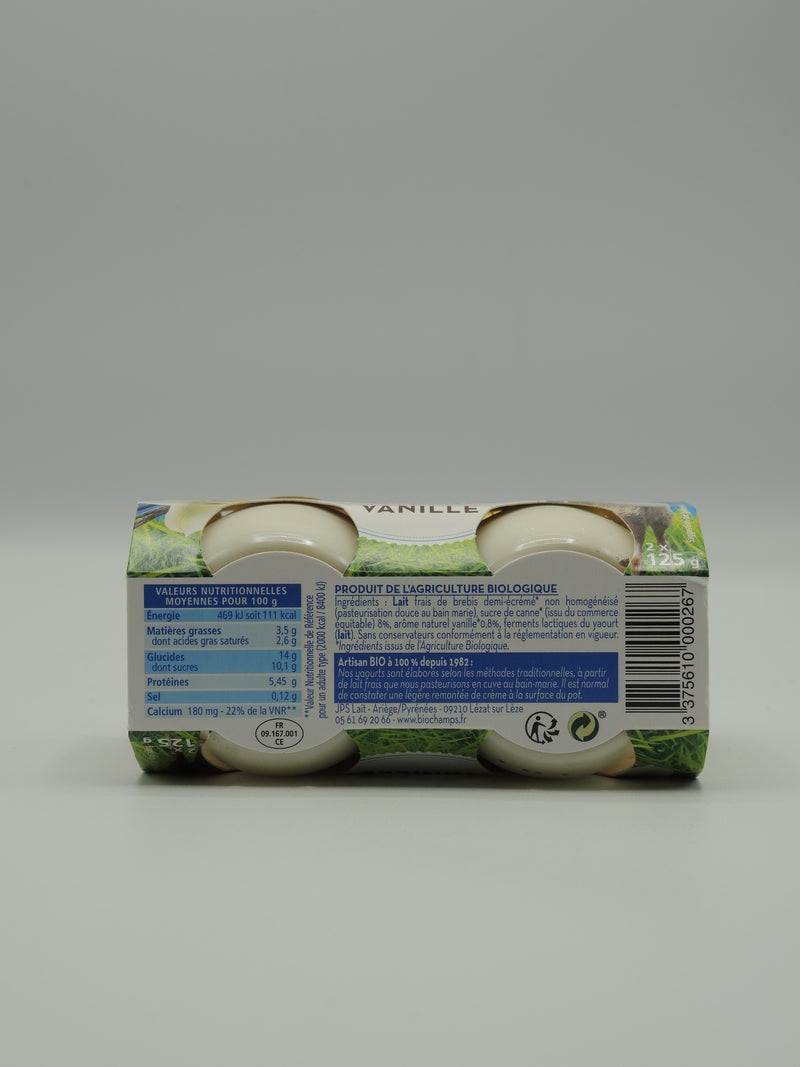Yaourt lait de brebis demi-écrémé vanille, 250g, Biochamps
