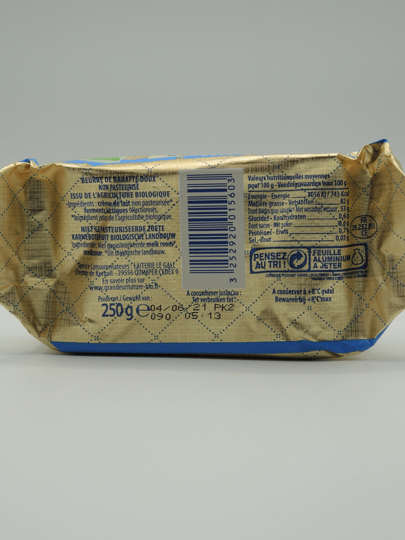 Beurre de baratte cru doux, 250g, Grandeur nature