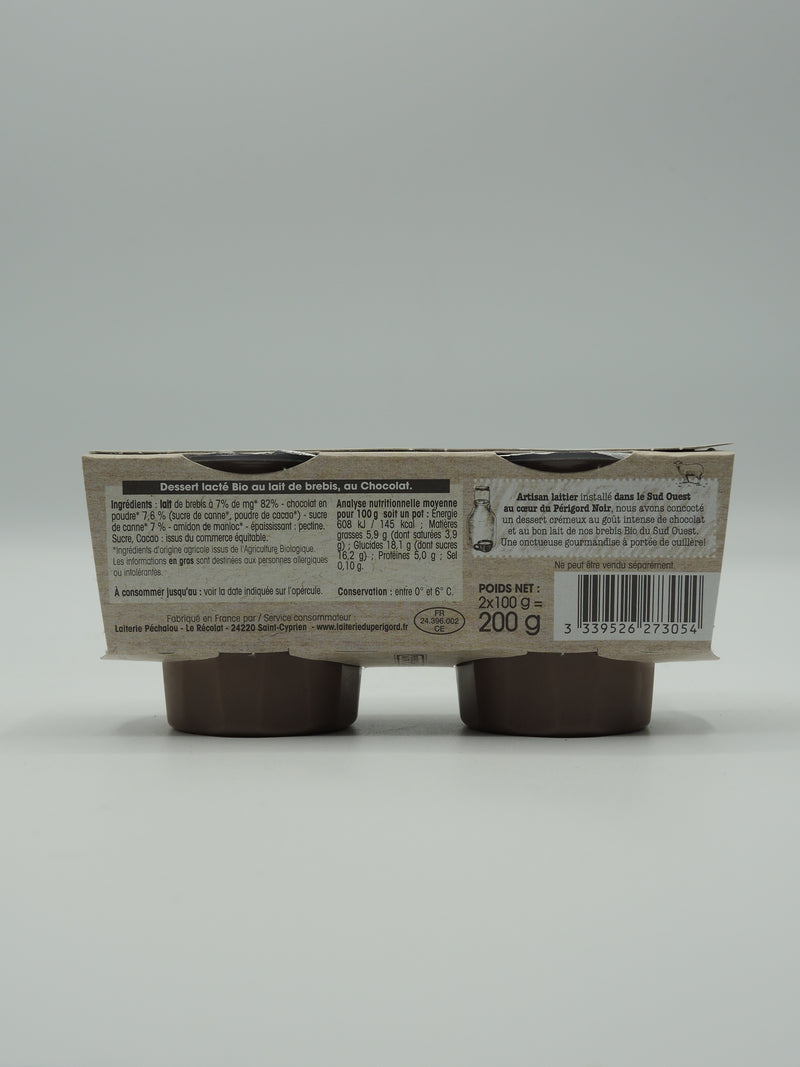Petit pot de crème brebis bio, Chocolat, 2x100g, Laiterie du Périgord