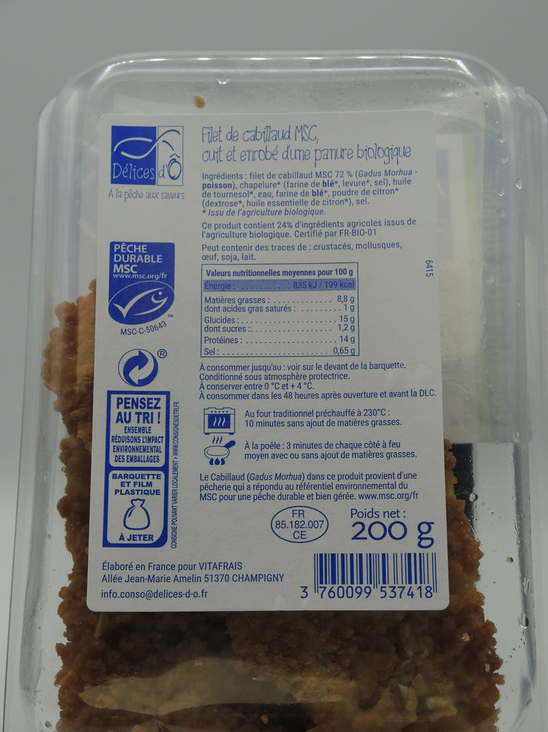 Filet de cabillaud pané, 200g, Délices d'O !