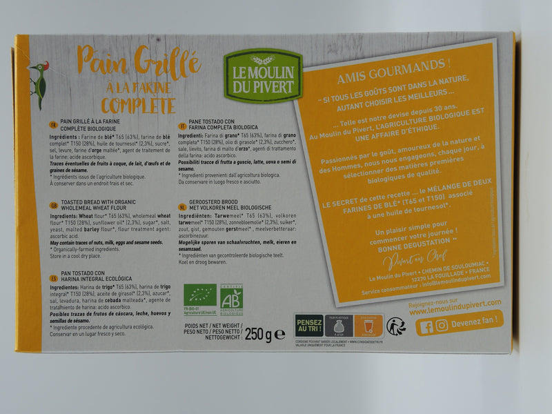 PAIN GRILLÉ à la farine complète, 250g, Moulin du Pivert