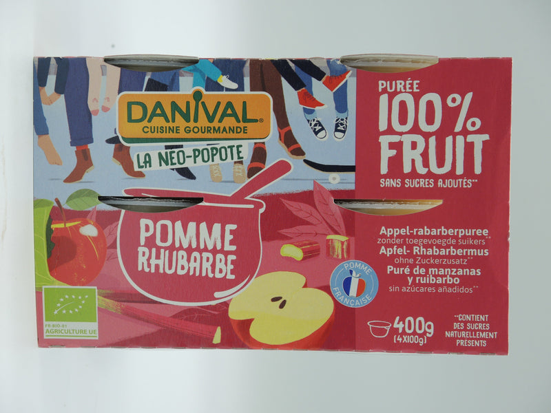 Purée 100% Fruit Pomme & Rhubarbe bio 4 x 100g, DANIVAL