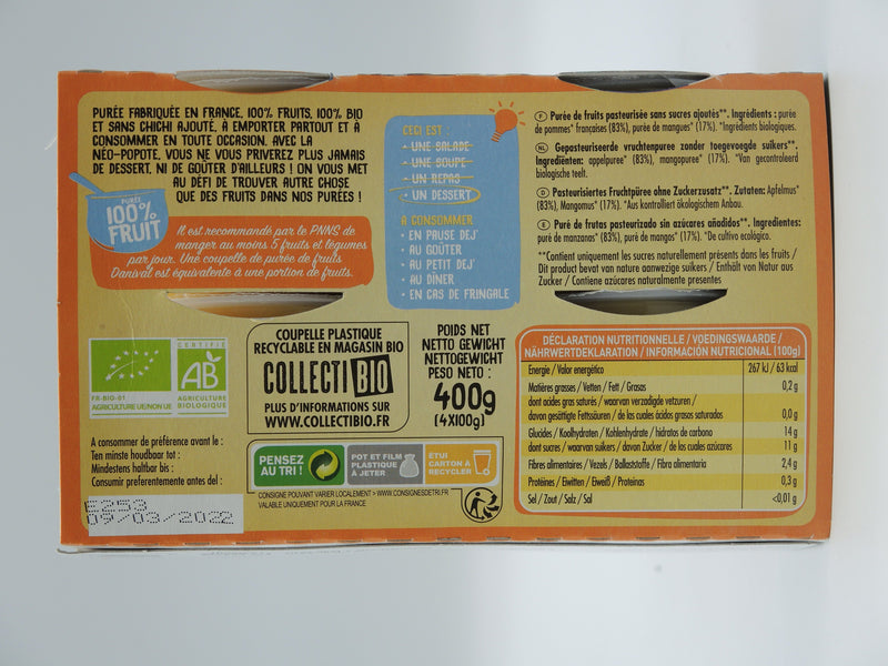 Purée 100% Fruit Pomme & Mangue bio 4 x 100g, DANIVAL