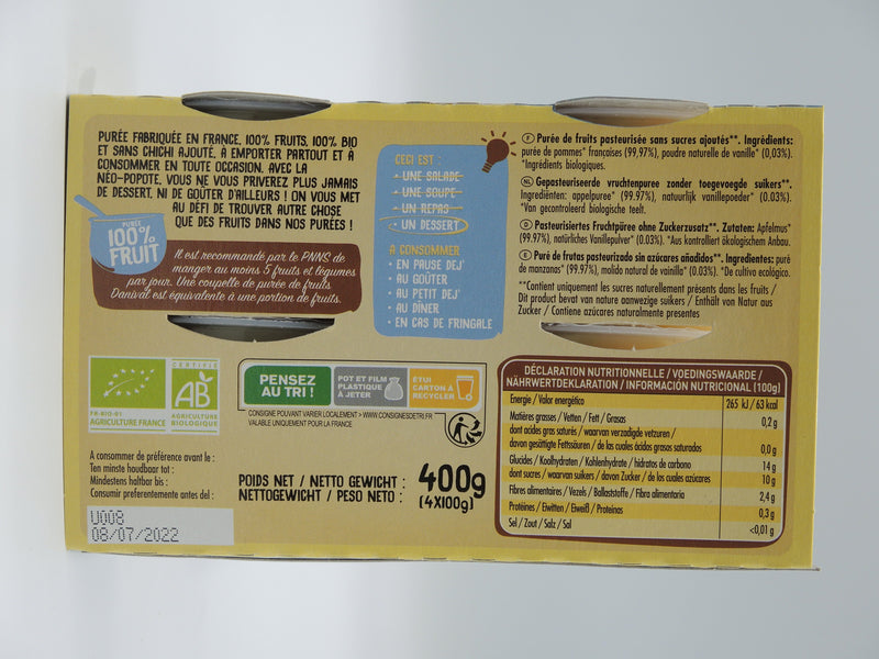 Purée 100% Fruit Pomme & Vanille bio 4 x 100g, DANIVAL