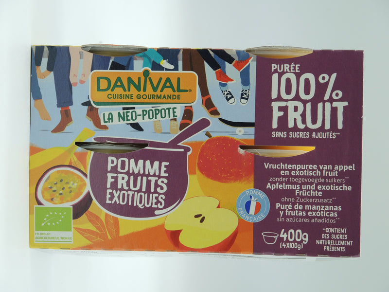 Compote Pomme & Fruits exotiques bio, coupelles, 4 x 100g, DANIVAL