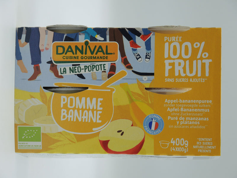 Compote Pomme & Banane bio, coupelles 4 x 100g, DANIVAL