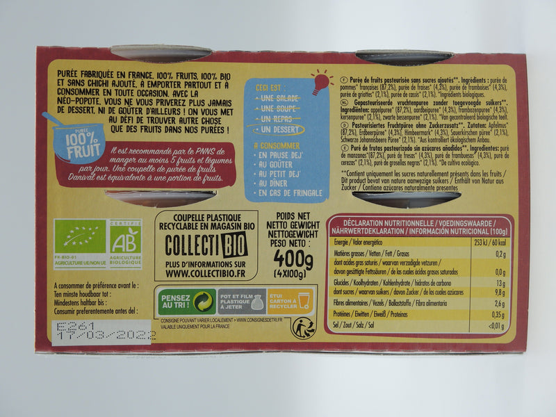 Purée 100% Fruit Pomme & Fruits rouges bio 4 x 100g, DANIVAL