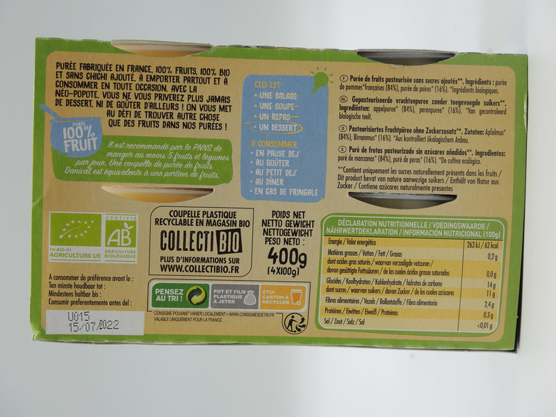 Purée 100% Fruit Pomme & Poire bio 4 x 100g, DANIVAL