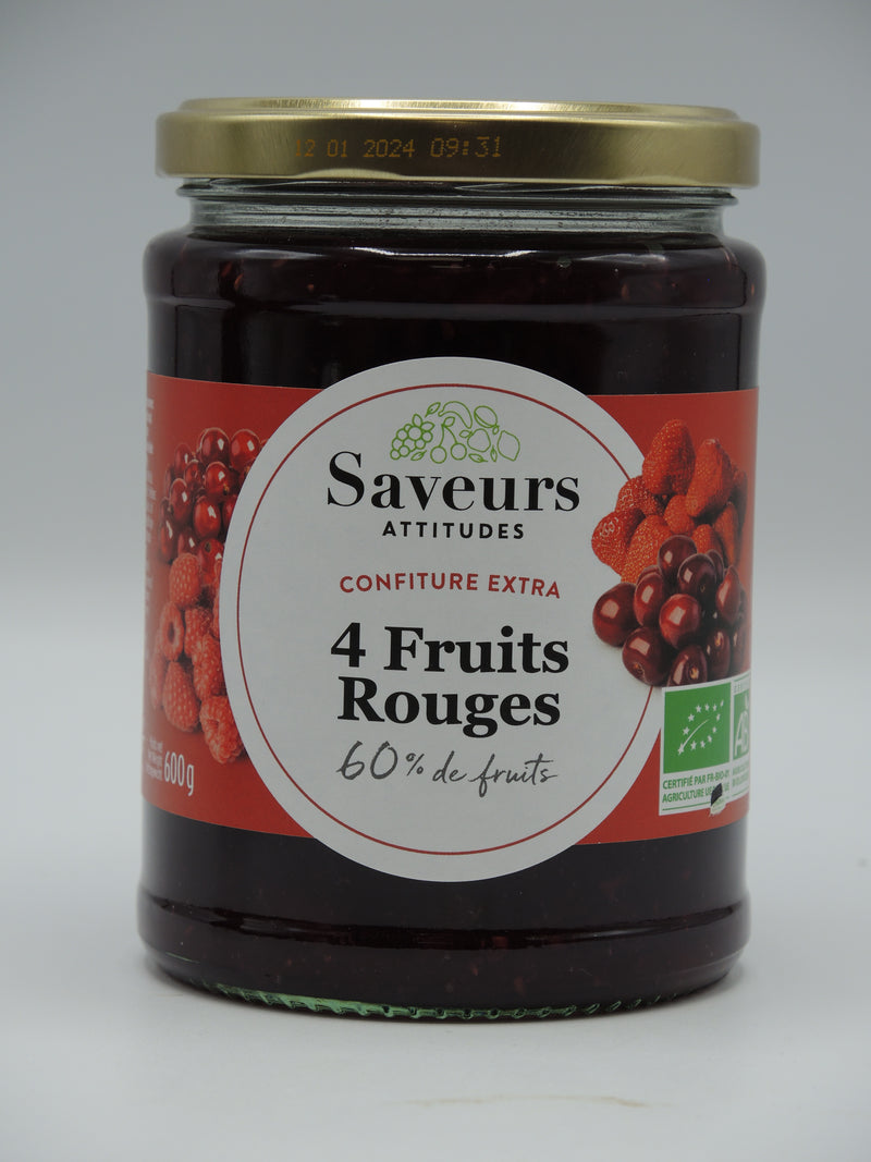Confiture extra bio, 4 fruits rouges, 660g, Saveurs attitudes