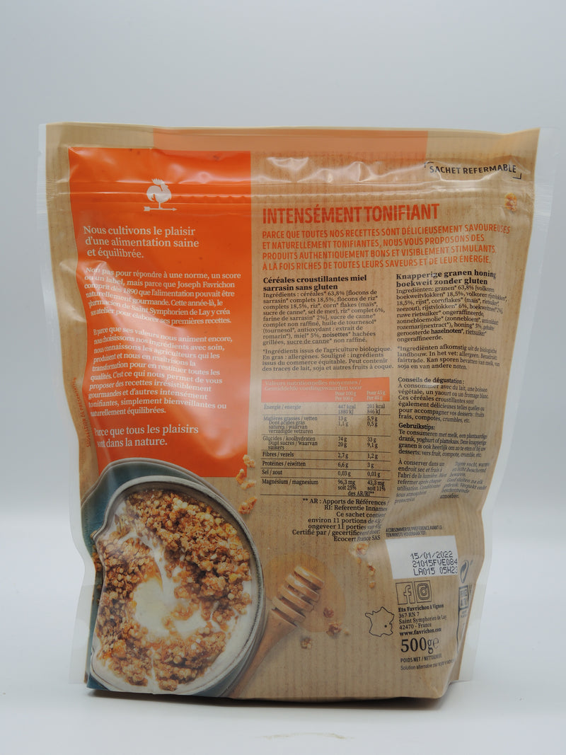 MUESLI BIO CROUSTILLANT, MIEL & SARRASIN, 500g, Favrichon