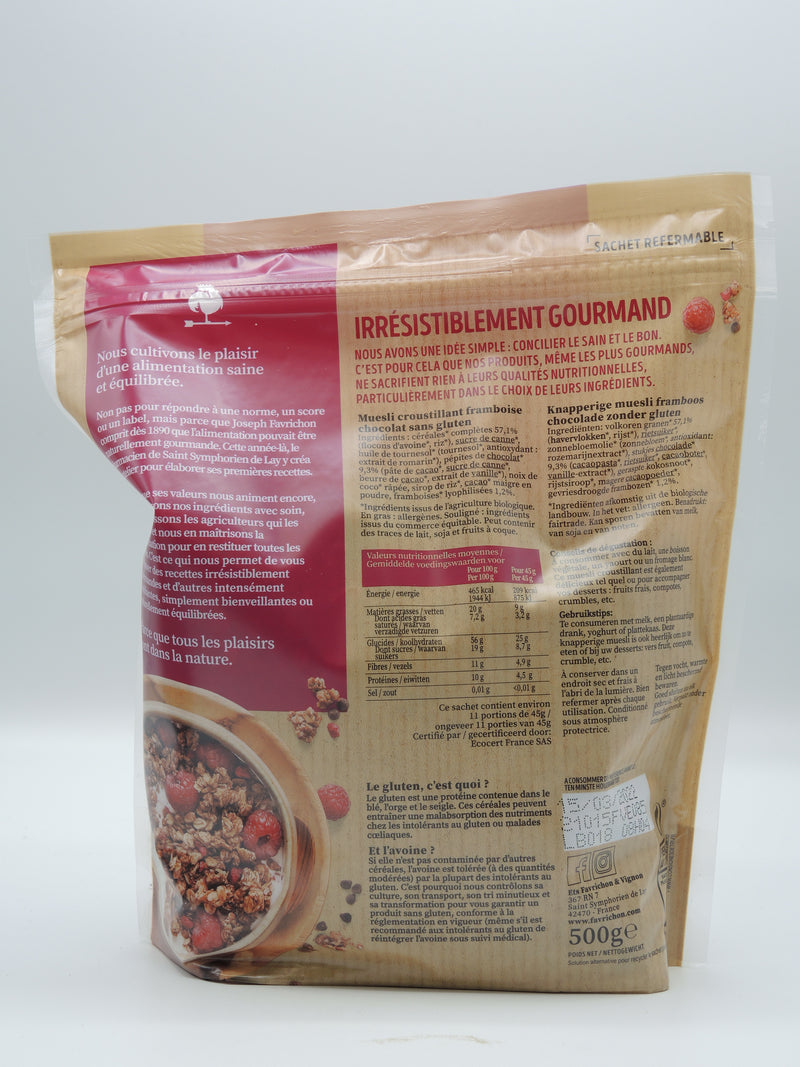 MUESLI BIO CROUSTILLANT : FRAMBOISE & CHOCOLAT, 500g, Favrichon