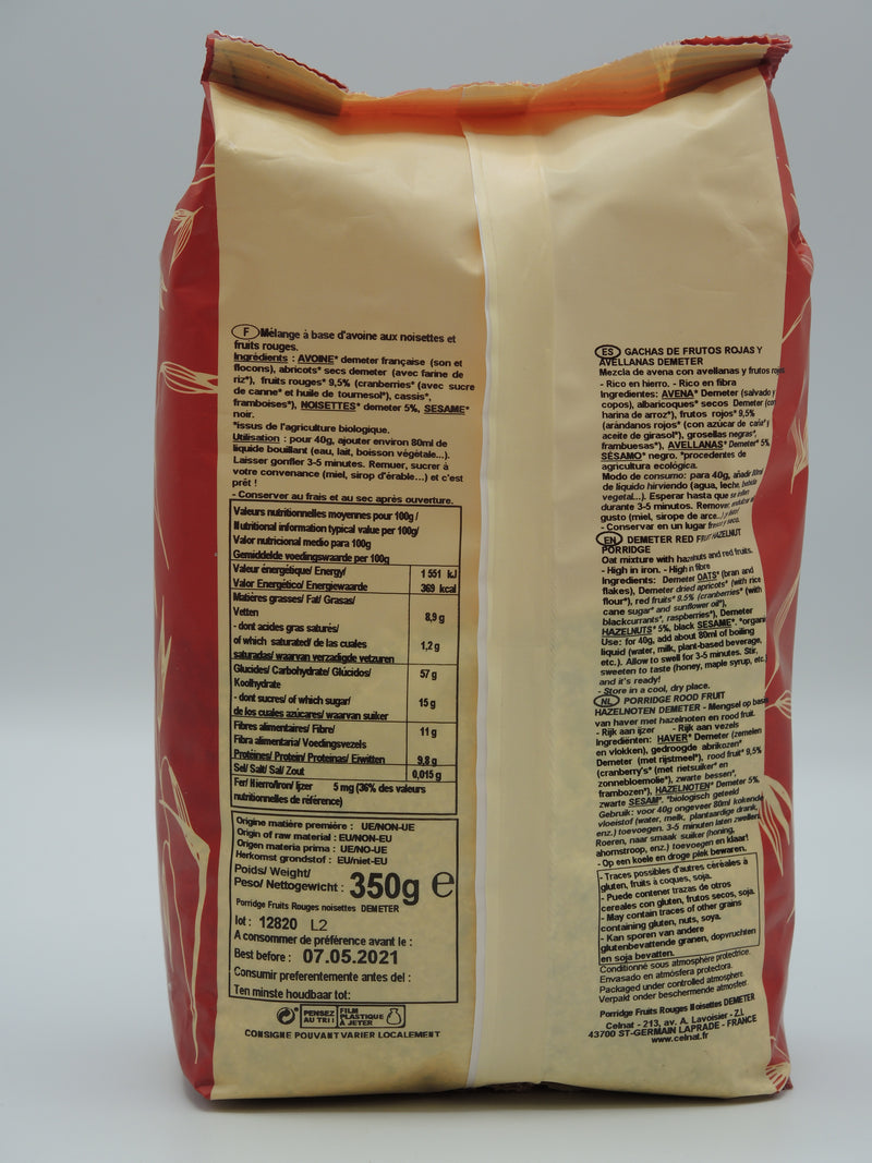 PORRIDGE FRUITS ROUGES NOISETTES DEMETER, 350g, Celnat