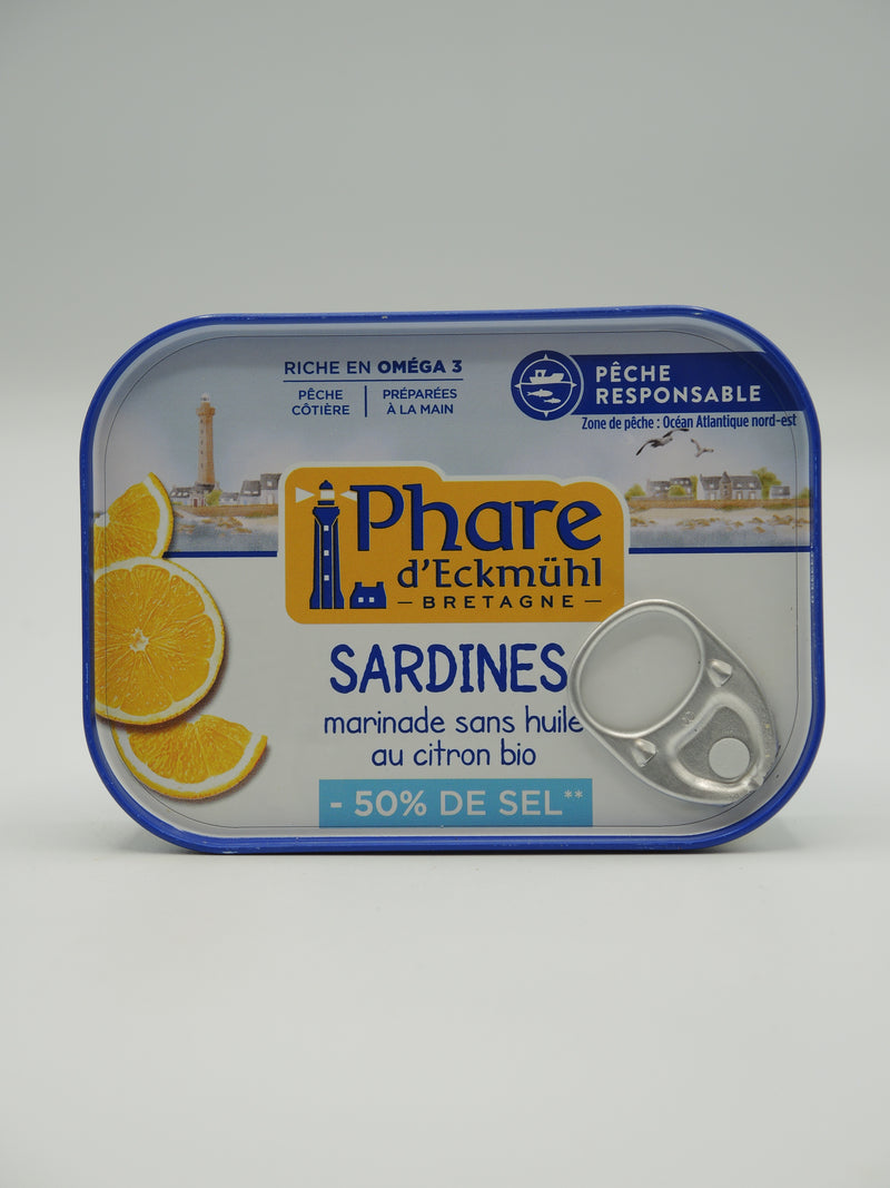Sardines marinade sans huile au citron bio à teneur réduite en sel, 135g, Phare d'Eckmühl