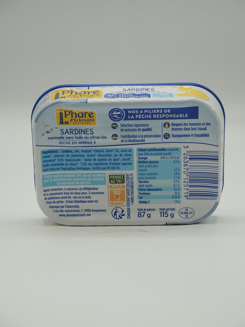 Sardines marinade sans huile au citron bio à teneur réduite en sel, 135g, Phare d'Eckmühl