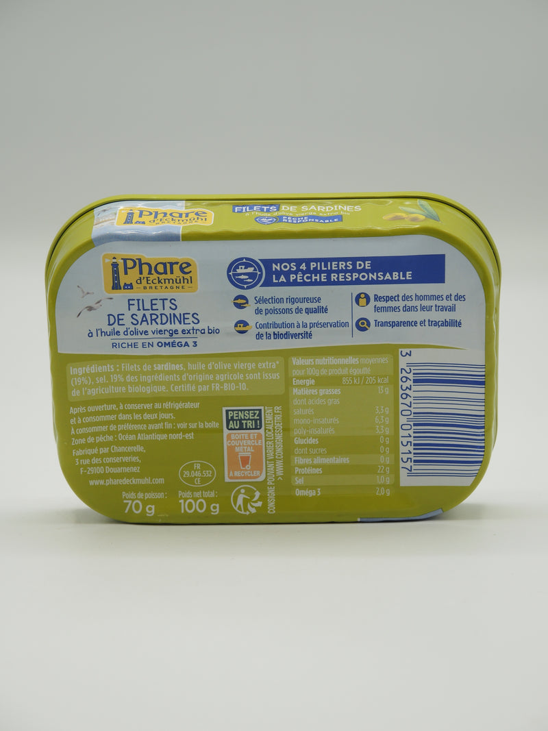Filets de sardines à l'huile d'olive bio, 100g, Phare d'Eckmühl