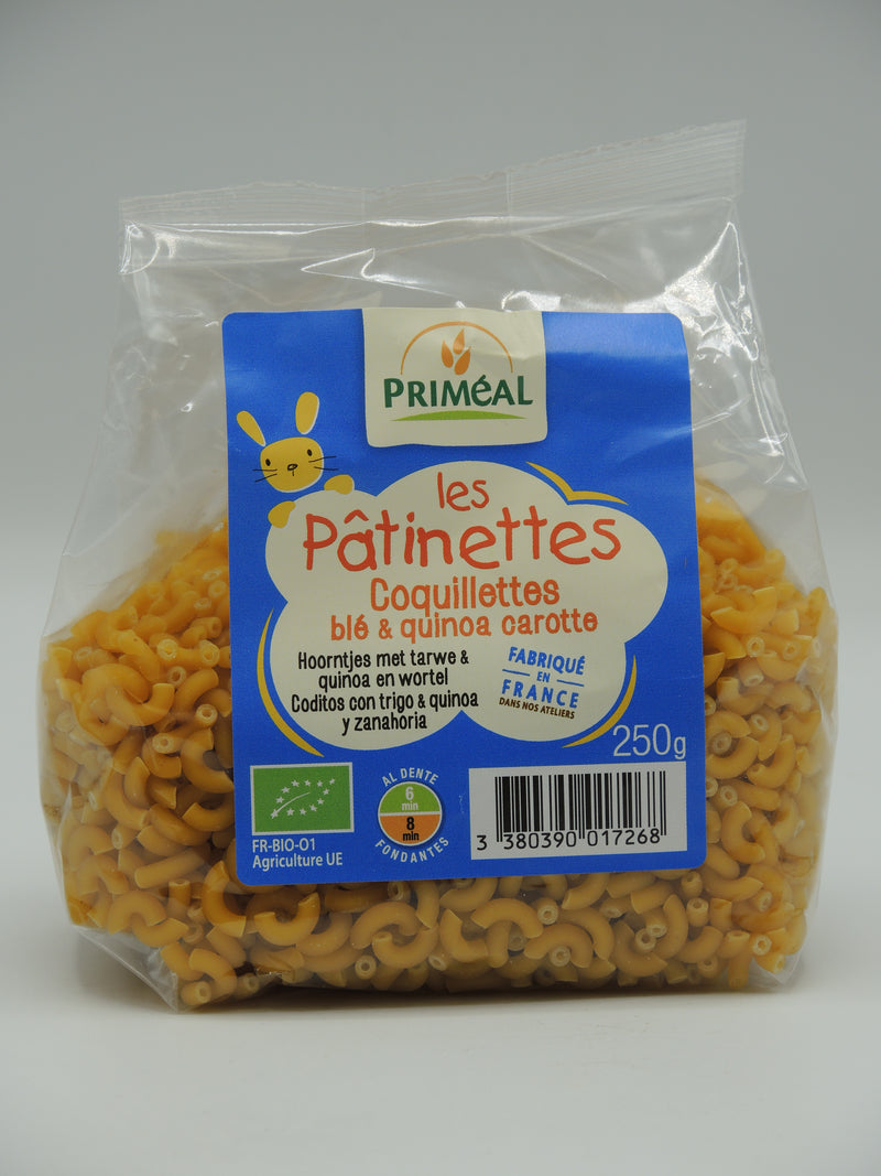Coquillettes blé et quinoa carottes, les Pâtinettes,250g, Priméal
