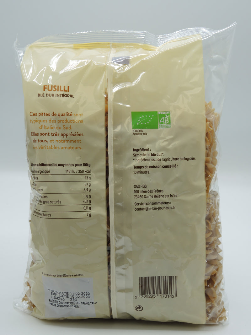 Fusilli, blé dur intégral, 500g, le Bio pour tous