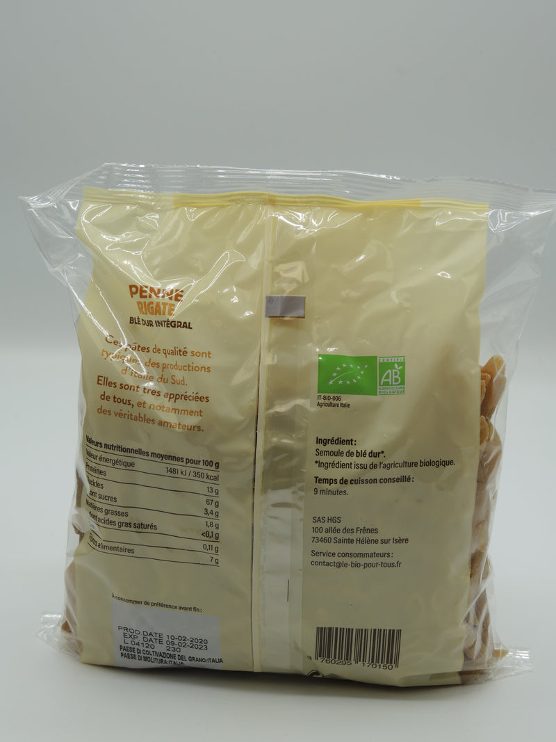 Penne rigate, blé dur intégral, 500g, le Bio pour tous
