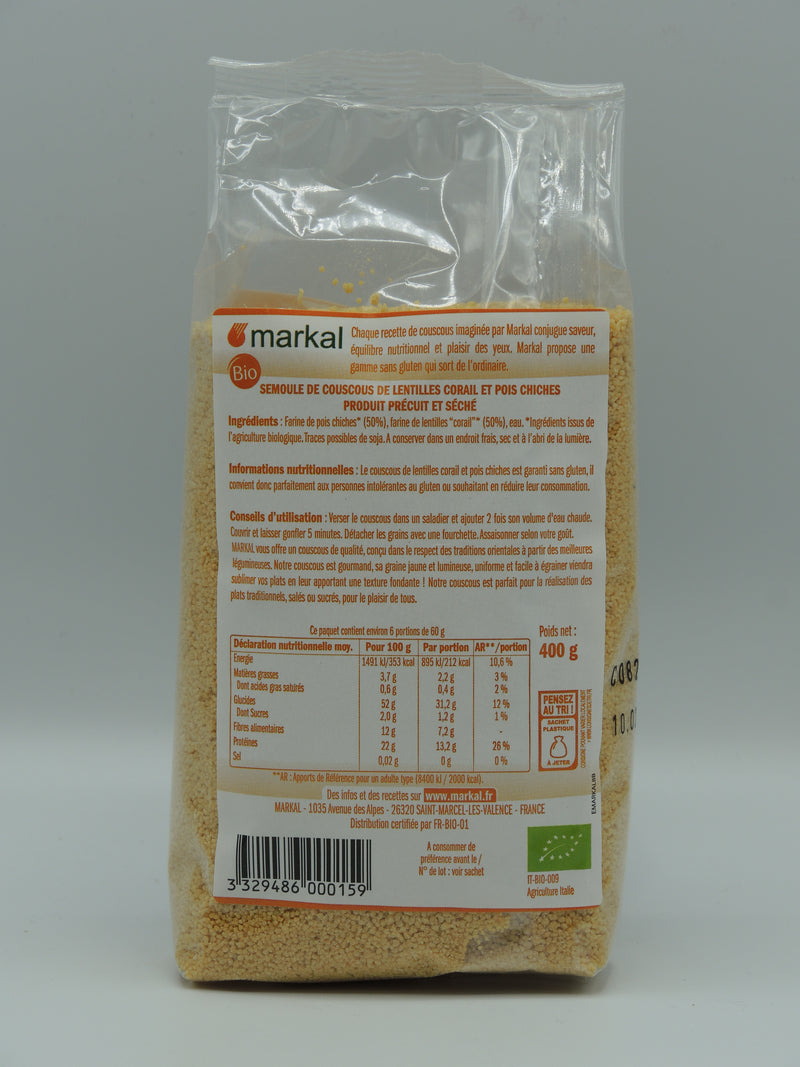COUSCOUS LENTILLES CORAIL - POIS CHICHES - SANS GLUTEN, 400g, Markal